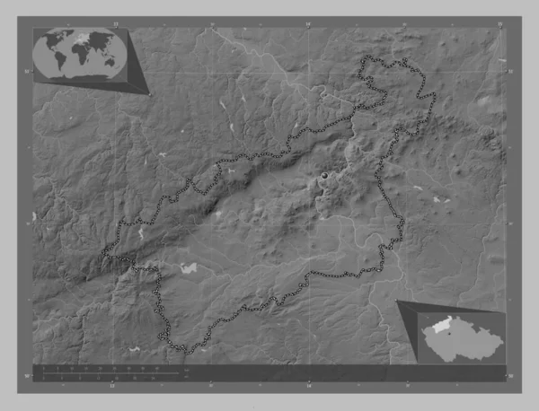 Ustecky Regionen Tjeckien Grayscale Höjdkarta Med Sjöar Och Floder Hjälpkartor — Stockfoto