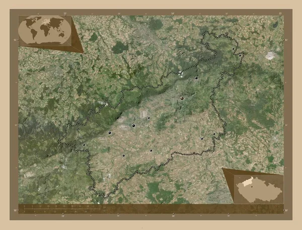 チェコ共和国の領域 ウステッキー 低解像度衛星地図 地域の主要都市の場所 コーナー補助位置図 — ストック写真