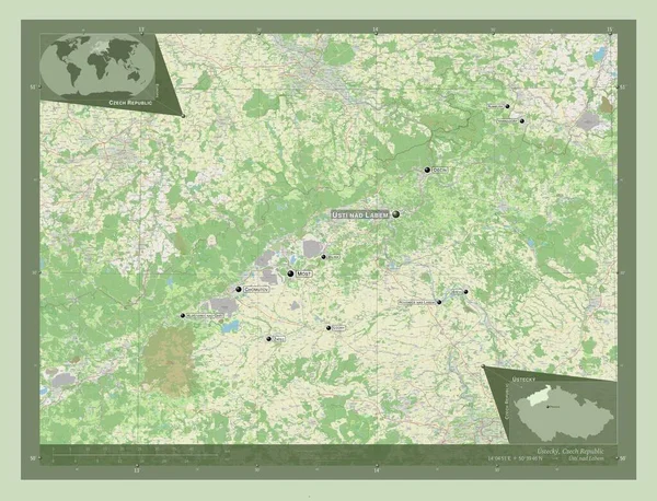 チェコ共和国の領域 ウステッキー ストリートマップを開く 地域の主要都市の位置と名前 コーナー補助位置図 — ストック写真
