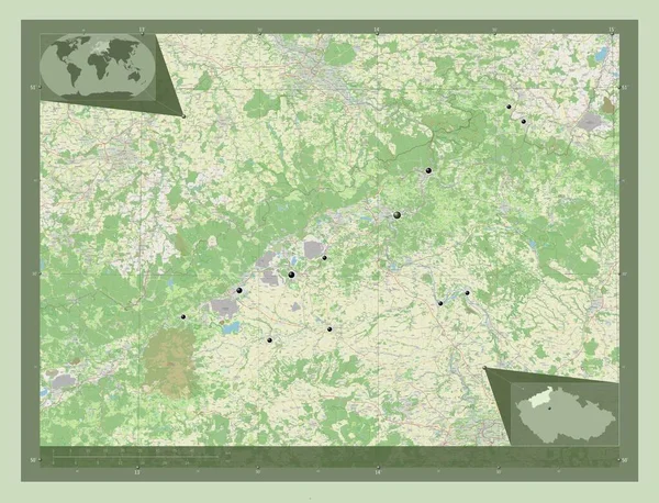 チェコ共和国の領域 ウステッキー ストリートマップを開く 地域の主要都市の場所 コーナー補助位置図 — ストック写真