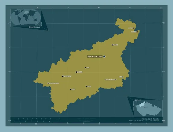チェコ共和国の領域 ウステッキー しっかりした色の形 地域の主要都市の位置と名前 コーナー補助位置図 — ストック写真