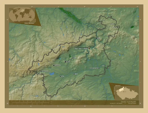 Ustecky Región República Checa Mapa Elevación Colores Con Lagos Ríos —  Fotos de Stock