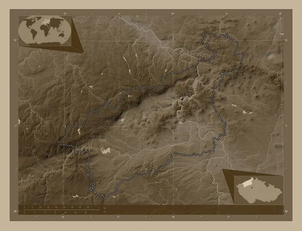 Ustecky Region Czech Mapa Elewacji Kolorowe Sepia Dźwięki Jeziorami Rzekami — Zdjęcie stockowe