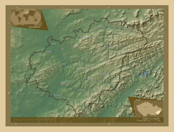 Zlínský Region České Republiky Barevná Mapa Jezery Řekami Umístění Názvy — Stock fotografie