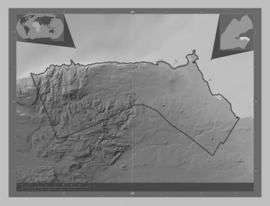 Cibuti, Cibuti kenti. Gölleri ve nehirleri olan gri tonlama yükseklik haritası. Bölgenin büyük şehirlerinin yerleri. Köşedeki yedek konum haritaları