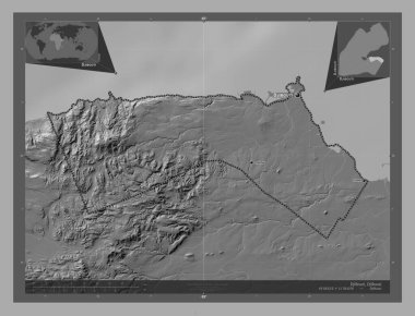 Cibuti, Cibuti kenti. Göllü ve nehirli çift katlı yükseklik haritası. Bölgenin büyük şehirlerinin yerleri ve isimleri. Köşedeki yedek konum haritaları