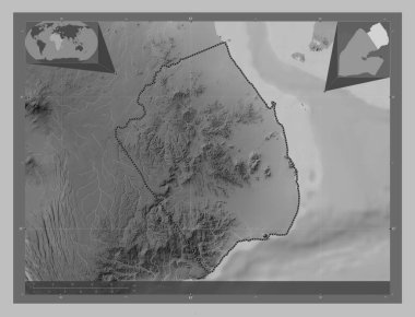 Obock, Cibuti bölgesi. Gölleri ve nehirleri olan gri tonlama yükseklik haritası. Köşedeki yedek konum haritaları