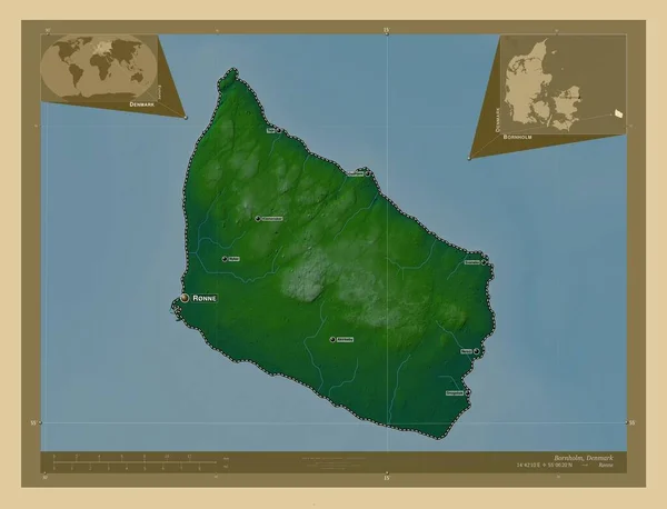 Bornholm Eiland Denemarken Gekleurde Hoogtekaart Met Meren Rivieren Locaties Namen — Stockfoto