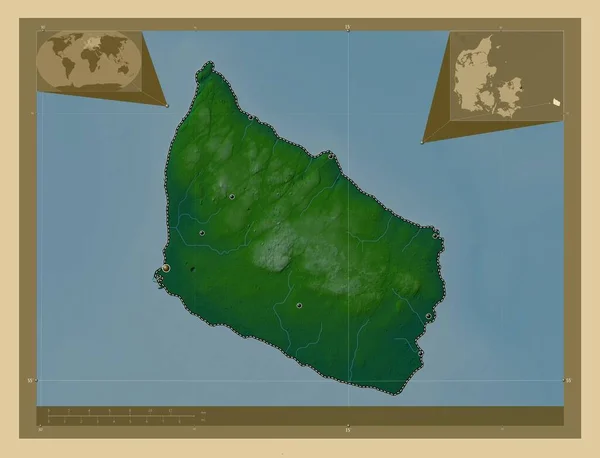 Борнхольм Остров Дания Цветная Карта Высоты Озерами Реками Места Расположения — стоковое фото