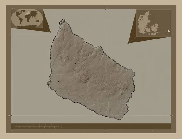 Bornholm Island Denmark Elevation Map Colored Sepia Tones Lakes Rivers — Stock Photo, Image