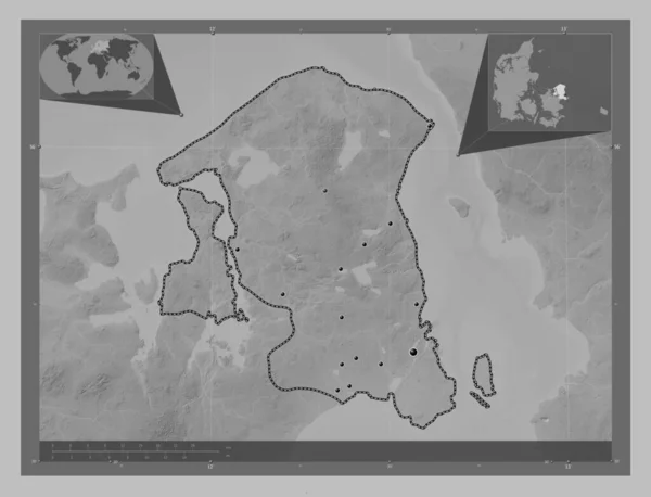 Hovedstaden Region Denmark Grayscale Elevation Map Lakes Rivers Locations Major — Stock Photo, Image