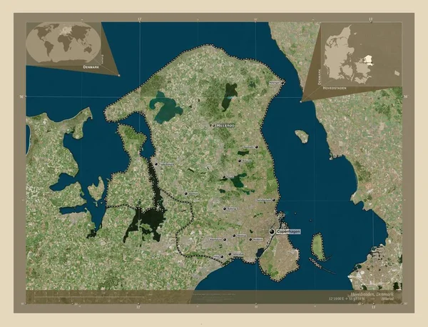 Hovedstaden Περιφέρεια Δανίας Υψηλής Ανάλυσης Δορυφορικός Χάρτης Τοποθεσίες Και Ονόματα — Φωτογραφία Αρχείου