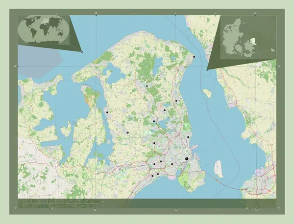 デンマークの領域を保持しています ストリートマップを開く 地域の主要都市の場所 コーナー補助位置図 — ストック写真