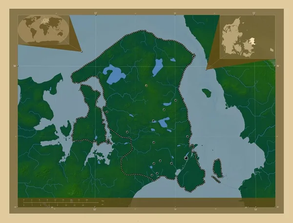 Hovedstaden Région Danemark Carte Altitude Colorée Avec Lacs Rivières Emplacements — Photo