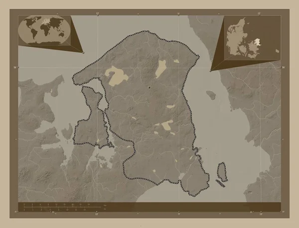 Hovedstaden Region Denmark Elevation Map Colored Sepia Tones Lakes Rivers — Stock Photo, Image