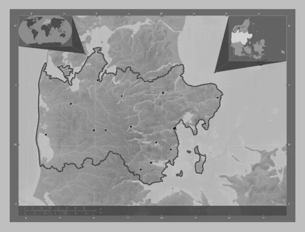 Midtjylland Dánia Régiója Szürkeárnyas Térkép Tavakkal Folyókkal Régió Nagyvárosainak Elhelyezkedése — Stock Fotó
