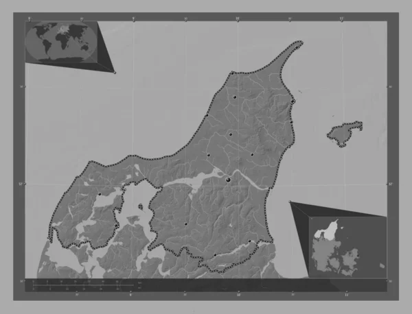 ノルトジランド デンマークの地域 湖や川と二階の標高マップ 地域の主要都市の場所 コーナー補助位置図 — ストック写真