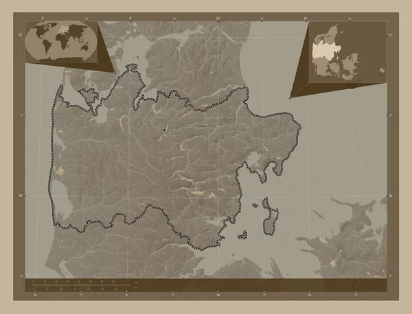 Midtjylland Región Dinamarca Mapa Elevación Coloreado Tonos Sepia Con Lagos — Foto de Stock