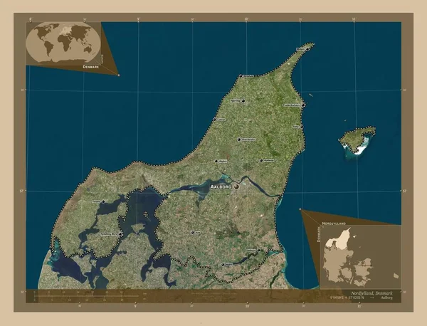 Nordjylland Región Dinamarca Mapa Satelital Baja Resolución Ubicaciones Nombres Las —  Fotos de Stock