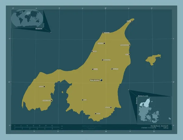 丹麦地区诺吉兰 固体的颜色形状 该区域主要城市的地点和名称 角辅助位置图 — 图库照片