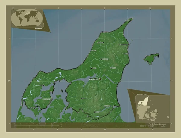 Nordjylland Region Denmark Elevation Map Colored Wiki Style Lakes Rivers — Stock Photo, Image