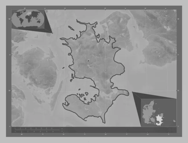 Sjlland Region Denmark Grayscale Elevation Map Lakes Rivers Corner Auxiliary — Stock Photo, Image