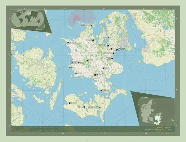 Sjlland Regio Van Denemarken Open Plattegrond Locaties Namen Van Grote — Stockfoto