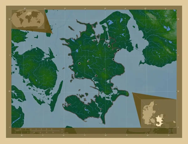 Sjlland Región Dinamarca Mapa Elevación Colores Con Lagos Ríos Ubicaciones — Foto de Stock