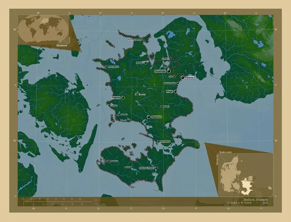 スジランド デンマークの地域 湖や川と色の標高マップ 地域の主要都市の位置と名前 コーナー補助位置図 — ストック写真