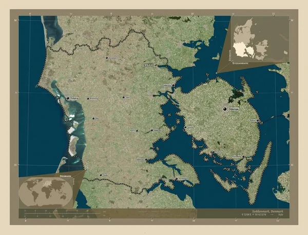 Syddanmark Region Danii Mapa Satelity Wysokiej Rozdzielczości Lokalizacje Nazwy Głównych — Zdjęcie stockowe