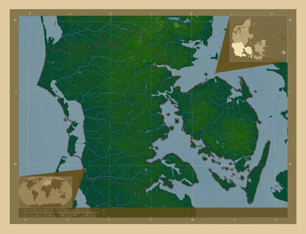 Syddanmark Область Данії Кольорові Карти Висот Озерами Річками Кутові Допоміжні — стокове фото