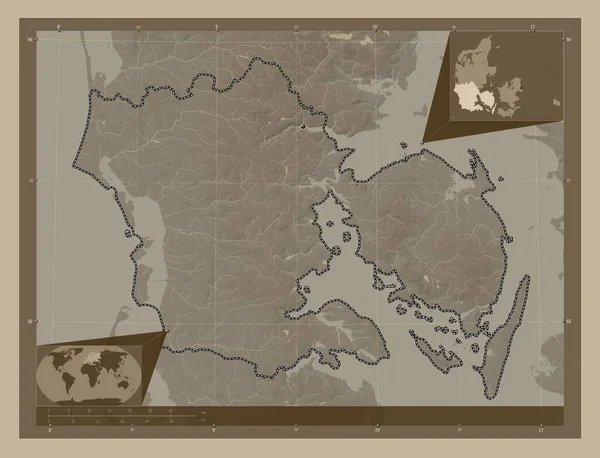 Syddanmark Region Denmark Elevation Map Colored Sepia Tones Lakes Rivers — Stock Photo, Image