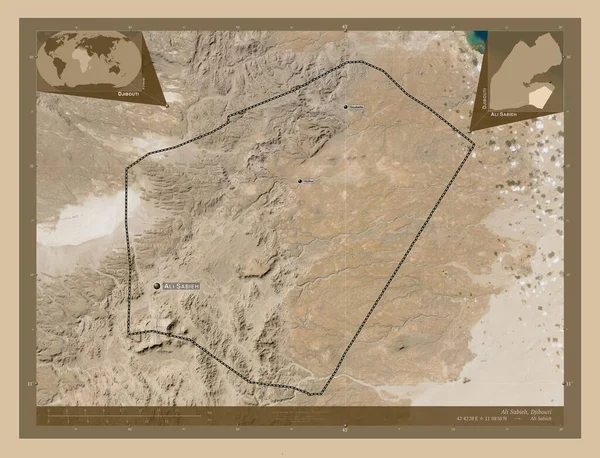 Ali Sabieh 吉布提地区 低分辨率卫星地图 该区域主要城市的地点和名称 角辅助位置图 — 图库照片