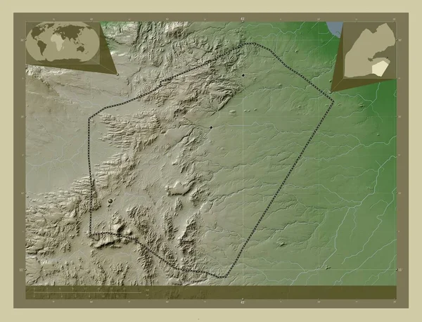 Ali Sabieh 吉布提地区 用Wiki风格绘制的带有湖泊和河流的高程地图 该区域主要城市的所在地点 角辅助位置图 — 图库照片