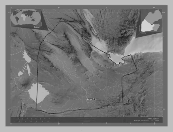 Dikhil Regio Van Djibouti Grayscale Hoogte Kaart Met Meren Rivieren — Stockfoto