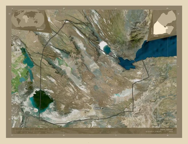 吉布提地区Dikhil 高分辨率卫星地图 该区域主要城市的地点和名称 角辅助位置图 — 图库照片