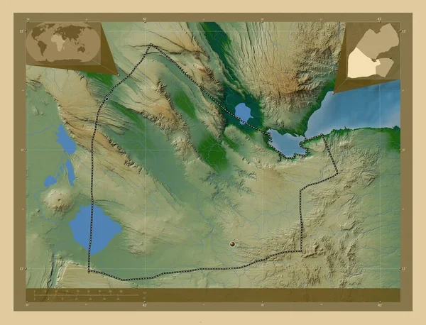 ディキル ジブチの地域 湖や川と色の標高マップ 地域の主要都市の場所 コーナー補助位置図 — ストック写真