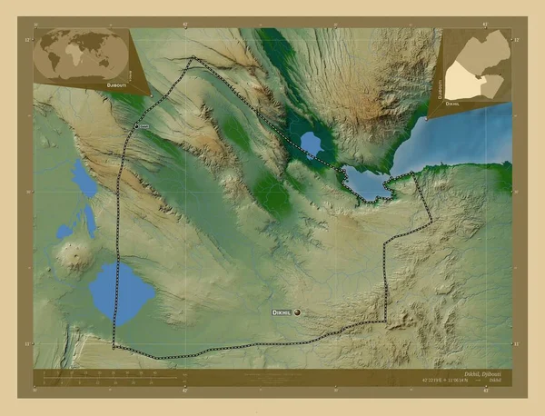 Dikhil Regionen Djibouti Färgade Höjd Karta Med Sjöar Och Floder — Stockfoto