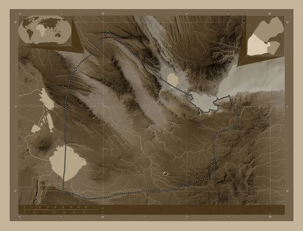 Dikhil Region Djibouti Elevation Map Colored Sepia Tones Lakes Rivers — Stock Photo, Image