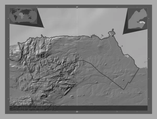 Cibuti, Cibuti kenti. Göllü ve nehirli çift katlı yükseklik haritası. Köşedeki yedek konum haritaları