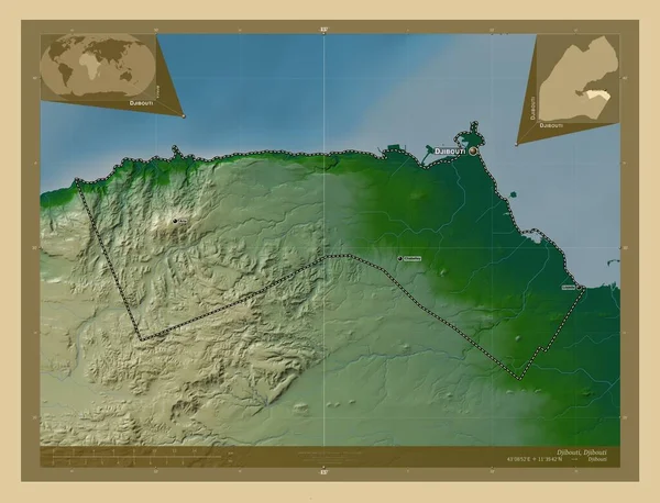 Yibuti Ciudad Yibuti Mapa Elevación Colores Con Lagos Ríos Ubicaciones —  Fotos de Stock