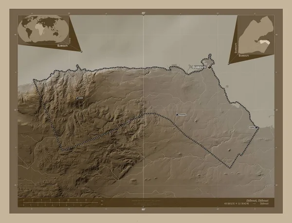 Djibouti Staden Djibouti Höjdkarta Färgad Sepiatoner Med Sjöar Och Floder — Stockfoto