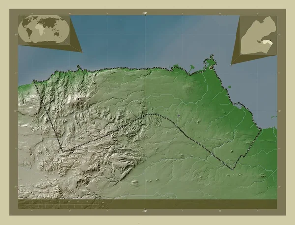 吉布提 吉布提市 用Wiki风格绘制的带有湖泊和河流的高程地图 该区域主要城市的所在地点 角辅助位置图 — 图库照片