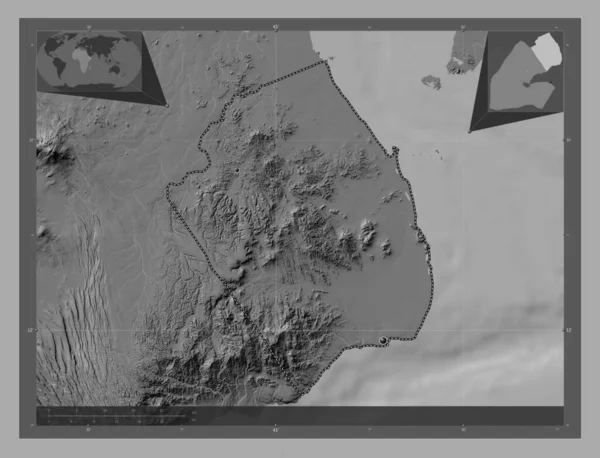 Obock Región Yibuti Mapa Elevación Bilevel Con Lagos Ríos Ubicaciones —  Fotos de Stock