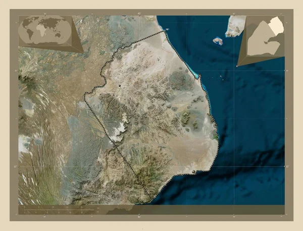 オボク ジブチの地域 高解像度衛星地図 地域の主要都市の場所 コーナー補助位置図 — ストック写真