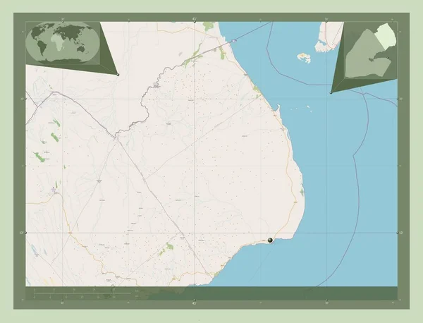Obock Dzsibuti Régió Nyílt Utcai Térkép Saroktérképek Kiegészítő Helymeghatározási Térképekhez — Stock Fotó