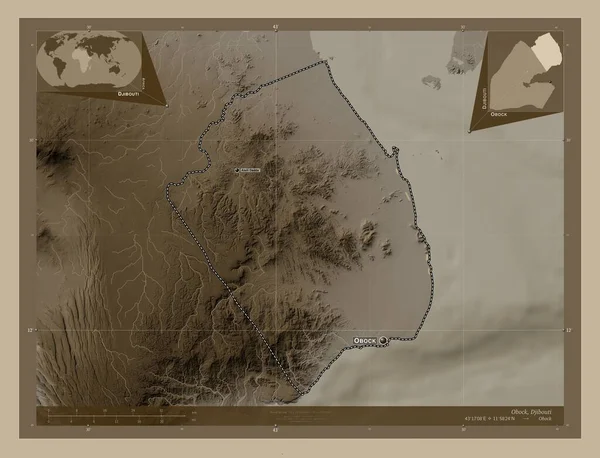 Обок Область Джибути Карта Высоты Окрашенная Сепиевые Тона Озерами Реками — стоковое фото