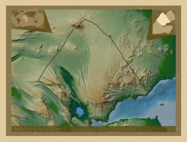 Tadjourah Região Djibuti Mapa Elevação Colorido Com Lagos Rios Mapa — Fotografia de Stock