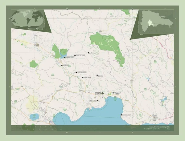 ドミニカ共和国のアズア県 ストリートマップを開く 地域の主要都市の位置と名前 コーナー補助位置図 — ストック写真