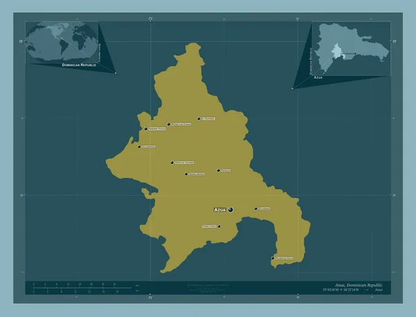 多米尼加共和国阿苏阿省 固体的颜色形状 该区域主要城市的地点和名称 角辅助位置图 — 图库照片